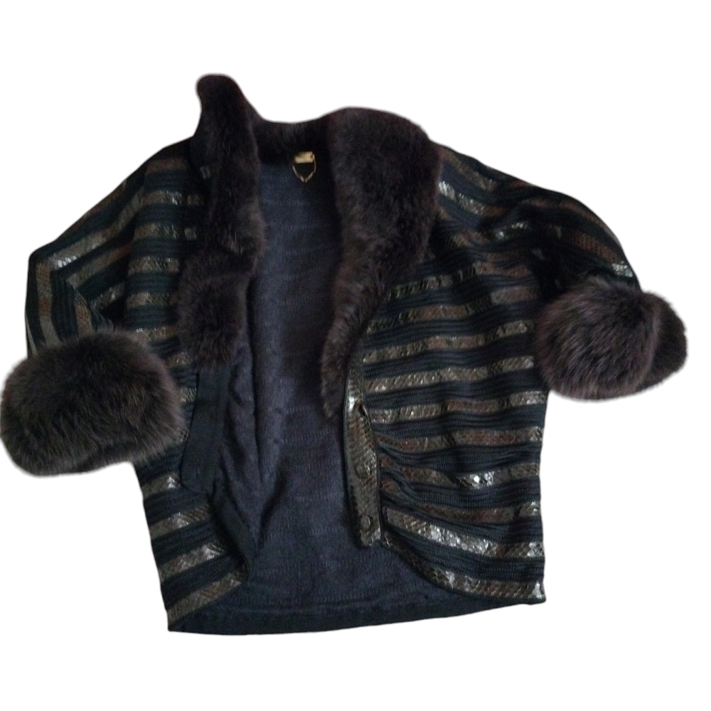Italian Vintage Black Faux Fur Trim Striped Women's Jacket